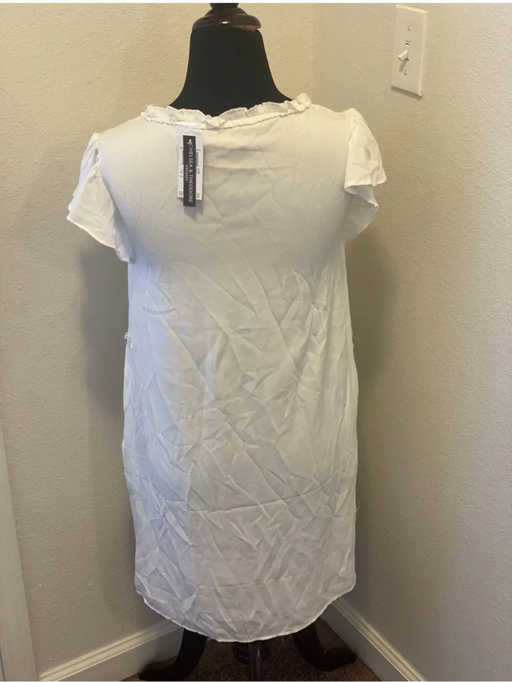 Chelsea & Theodore White Flutter Sleeve Mini Dress Cotton Size XS NEW $88 - Picture 4 of 6